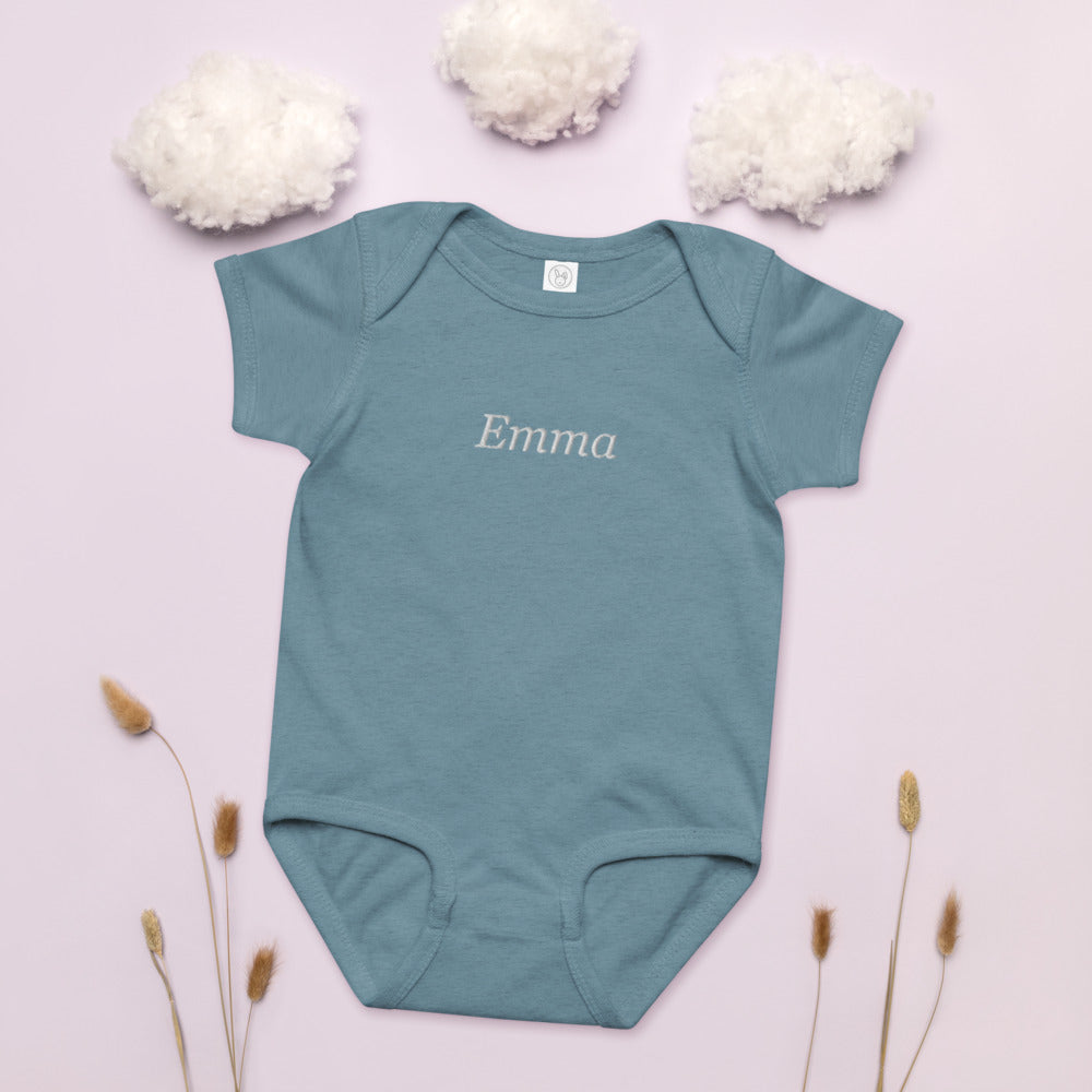 Personalized Embroidered Baby Bodysuit with Custom Name - Vintage Indigo 1