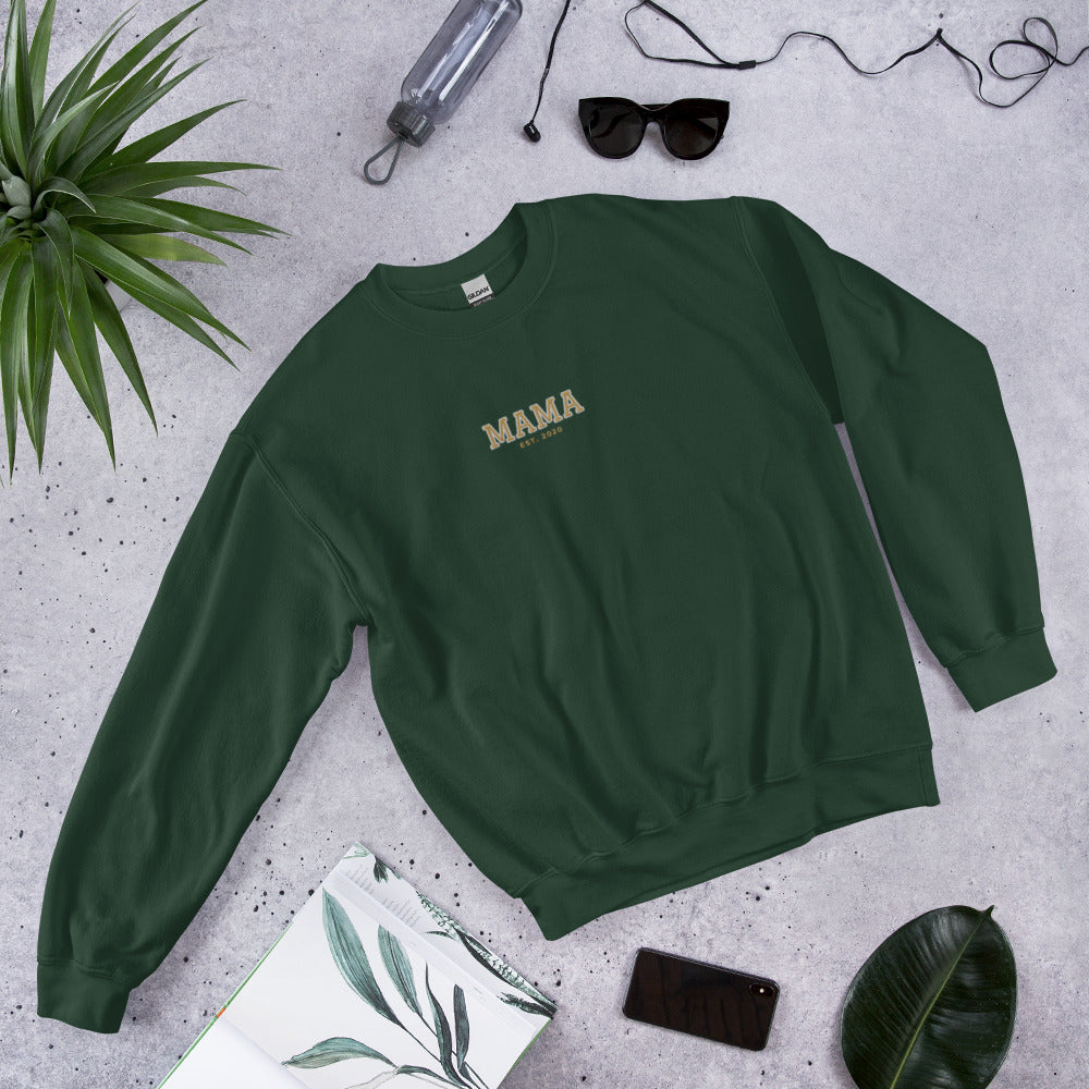 Varsity Mama Embroidered Sweatshirt with Est. Year, Custom Name - Forest Green 1