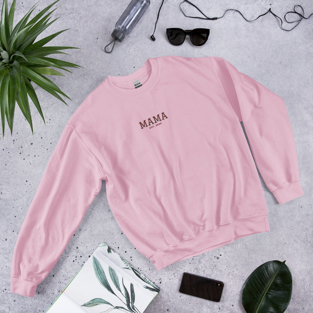 Varsity Mama Embroidered Sweatshirt with Est. Year, Custom Name - Light Pink 1
