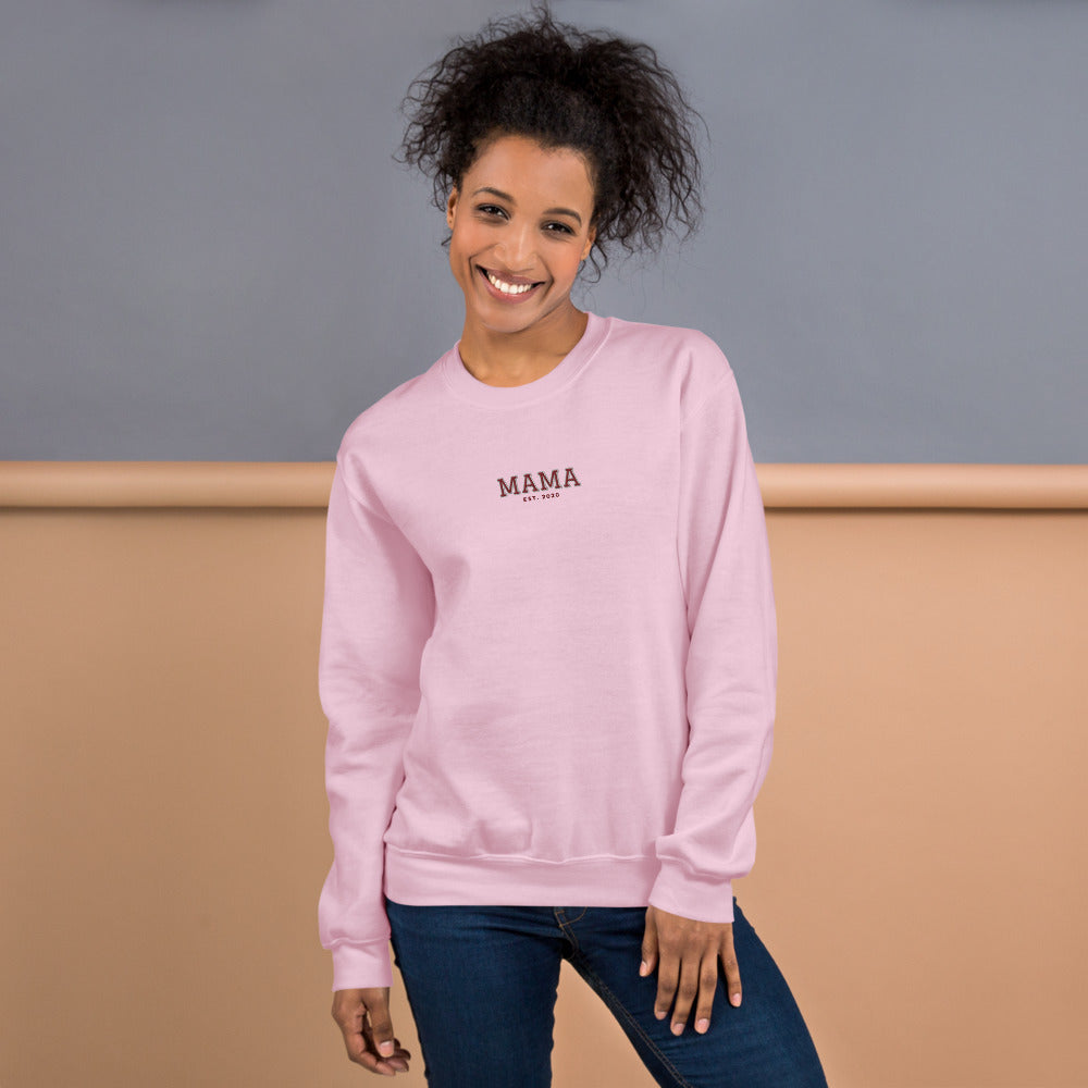 Varsity Mama Embroidered Sweatshirt with Est. Year, Custom Name - Light Pink 3