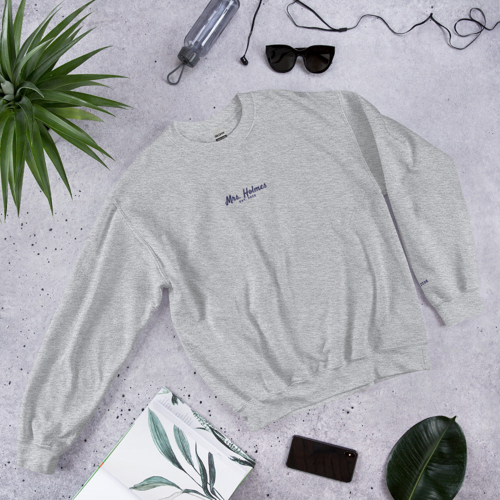Custom Mrs. Embroidered Sweatshirt with Wedding Date, Bride Gift - Sport Grey 1