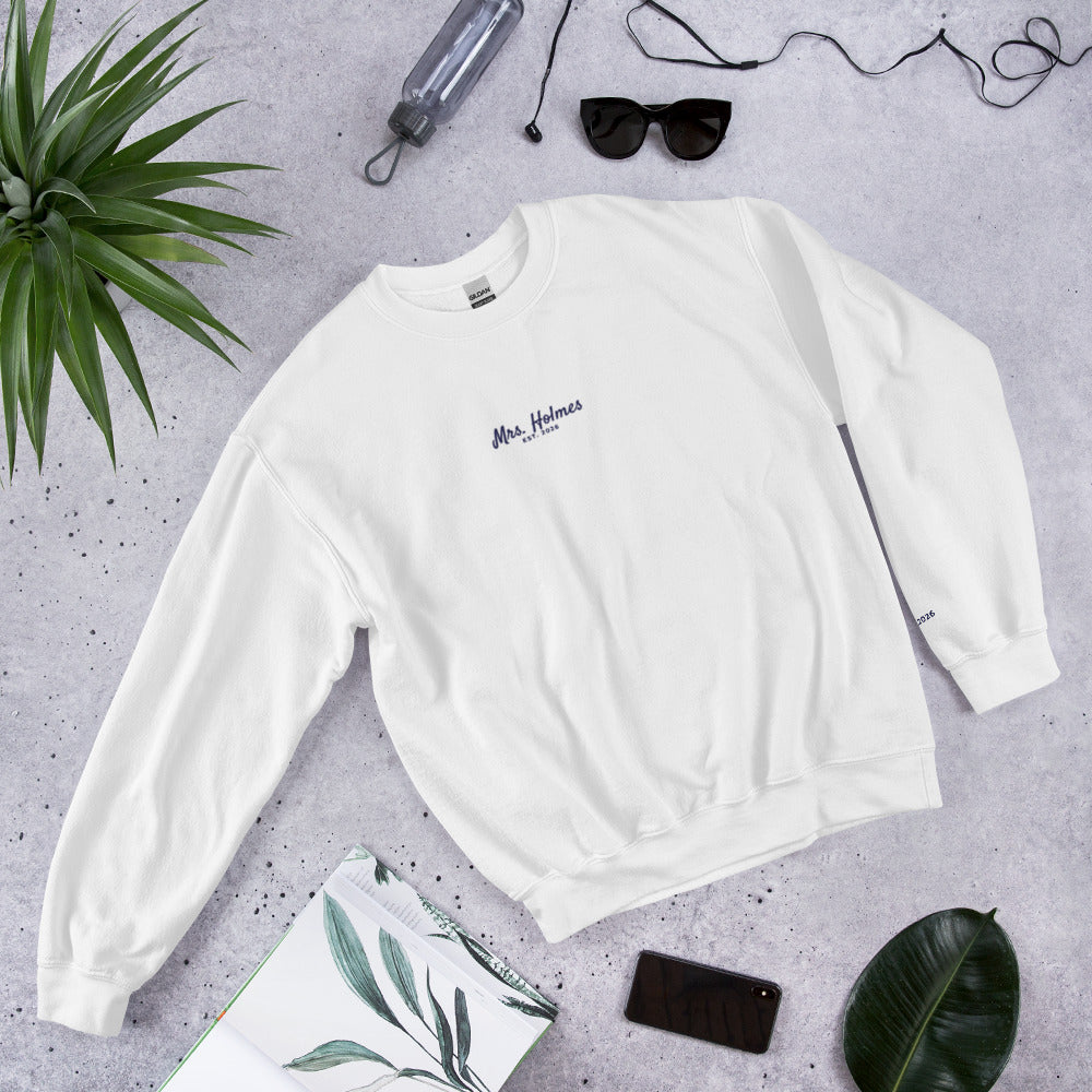 Custom Mrs. Embroidered Sweatshirt with Wedding Date, Bride Gift - White 1