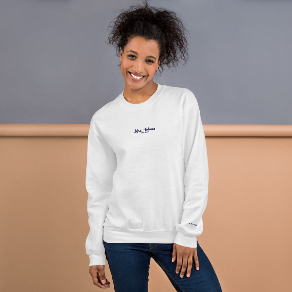 Custom Mrs. Embroidered Sweatshirt with Wedding Date, Bride Gift - White 3