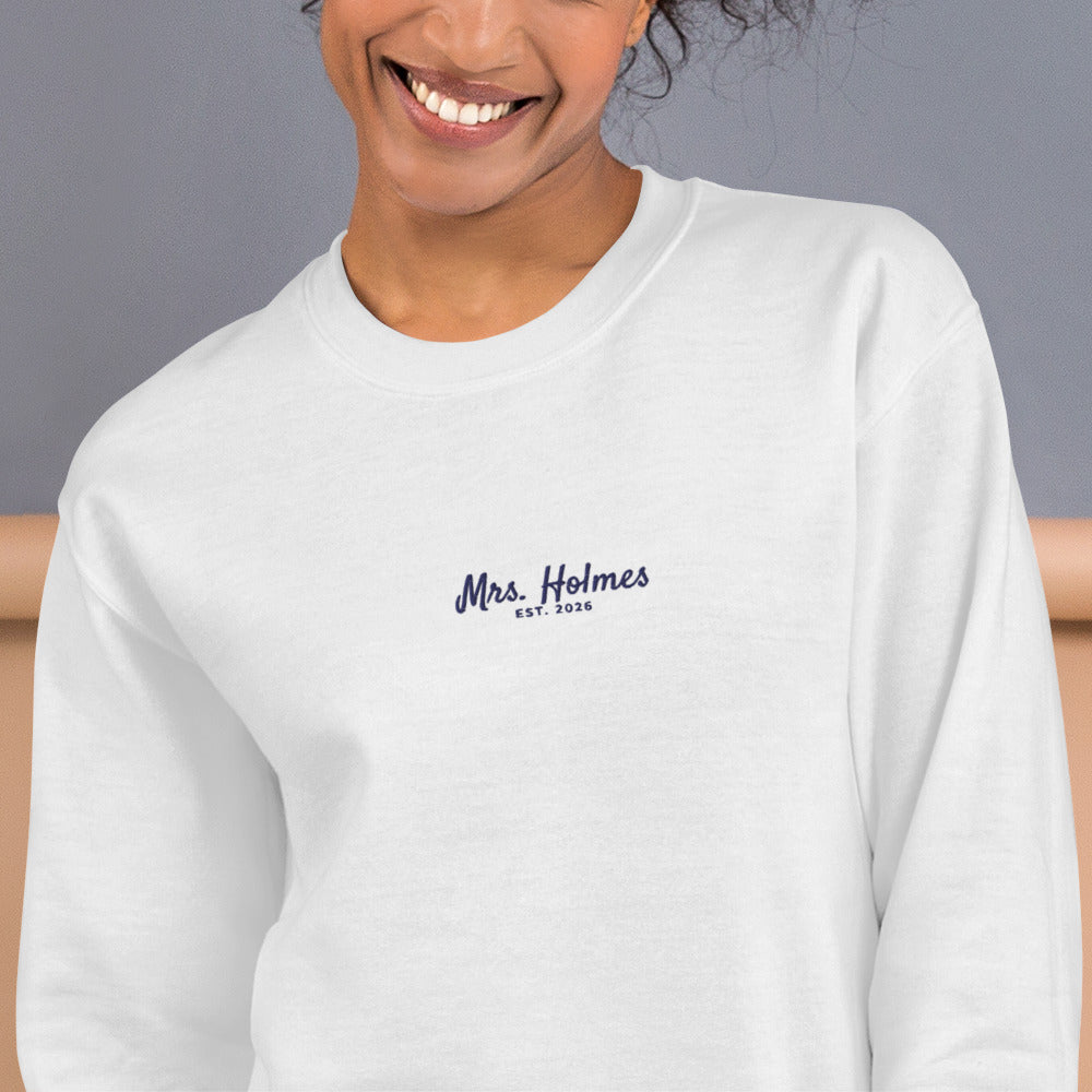 Custom Mrs. Embroidered Sweatshirt with Wedding Date, Bride Gift - White 2